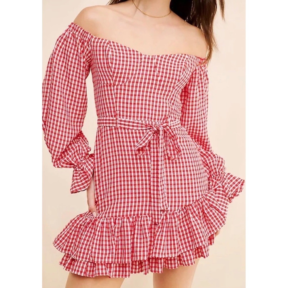 Maeve Anthropologie Red Gingham Off Shoulder Ruffle Mini Dress 4P New